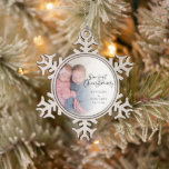 Our First Christmas Twin Baby Photo Name Year Snowflake Pewter Christmas Ornament<br><div class="desc">Our First Christmas Twin Baby Photo Name Year Keepsake. Celebrate your twin’s first Christmas and a lovely memento for Christmasses to come too. A stylish set script for Our First Christmas and the rest of the text is easy to personalise. Replace the sample photo with your own. A gradient overlay...</div>