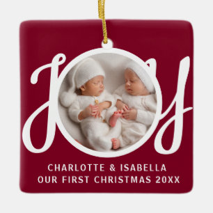 Our First Christmas Twins Photo Deep Red Keepsake Ceramic Ornament