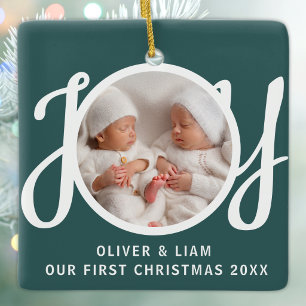 Our First Christmas Twins Photo Green Joy Ceramic Ornament