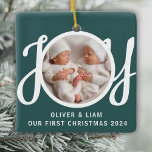 Our First Christmas Twins Photo Green Keepsake Ceramic Ornament<br><div class="desc">This cute Twins First Christmas Photo Ornament is decorated with the word JOY in stylish script typography on a green background.
Easily customisable with your photo,  names,  and year.</div>