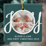 Our First Christmas Twins Photo Green Keepsake Ceramic Ornament<br><div class="desc">This cute Twins First Christmas Photo Ornament is decorated with the word JOY in stylish script typography on a green background.
Easily customisable with your photo,  names,  and year.</div>