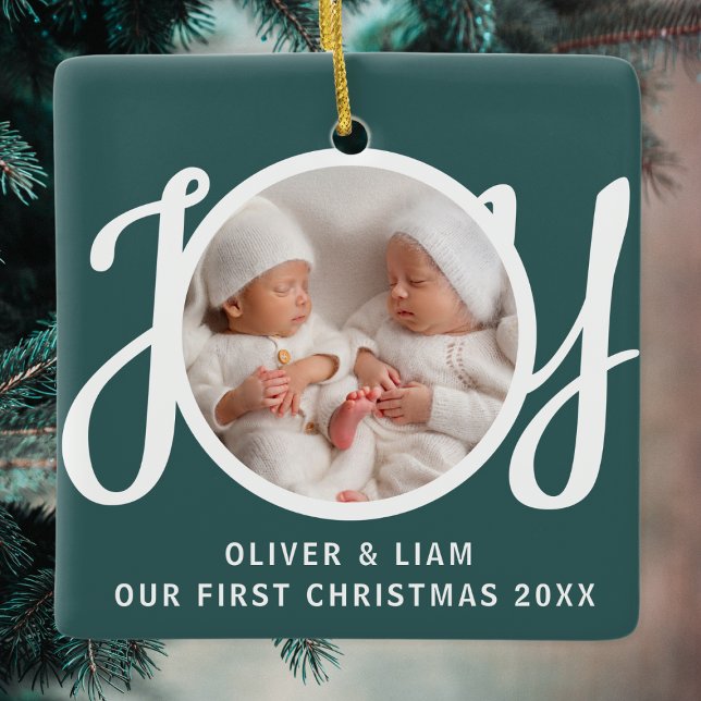 Our First Christmas Twins Photo Green Keepsake Ceramic Ornament (Creator Uploaded)