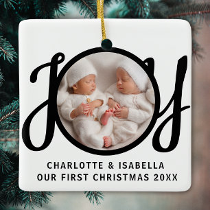 Our First Christmas Twins Photo Joy Black White Ceramic Ornament