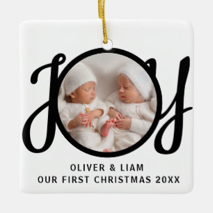 Our First Christmas Twins Photo Joy Black White Ceramic Ornament