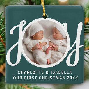 Our First Christmas Twins Photo Joy Green Keepsake Ceramic Ornament