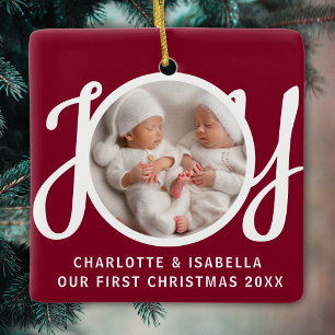 Our First Christmas Twins Photo Joy Maroon Ceramic Ornament