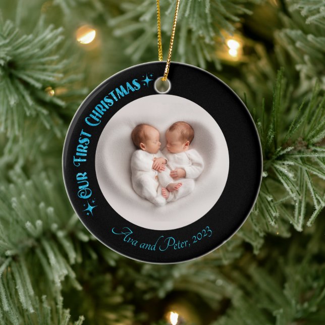 Our First Christmas Twins Photo Name Custom Golden Ceramic Ornament (Tree)