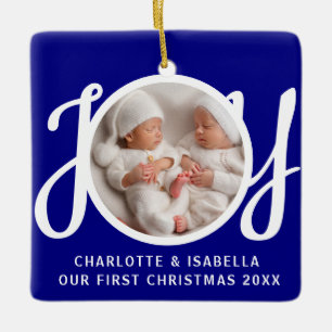 Our First Christmas Twins Photo Navy Blue Keepsake Ceramic Ornament