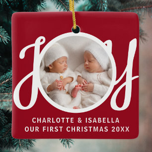 Our First Christmas Twins Photo Red Keepsake Ceramic Ornament