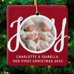 Our First Christmas Twins Photo Red Keepsake Ceramic Ornament<br><div class="desc">This cute Twins First Christmas Photo Ornament is decorated with the word JOY in stylish script typography on a red background.
Easily customisable with your photo,  names,  and year.</div>