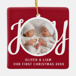 Our First Christmas Twins Photo Red Keepsake Ceramic Ornament