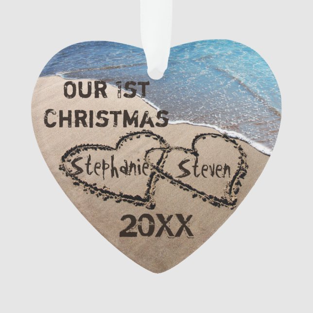 Our First Christmas Two Hearts In Sand Ornament (Front)