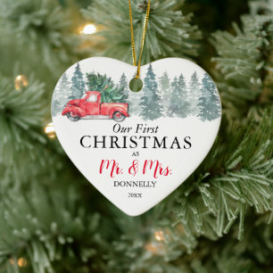 Our First Christmas   Vintage Red Truck Ceramic Ornament