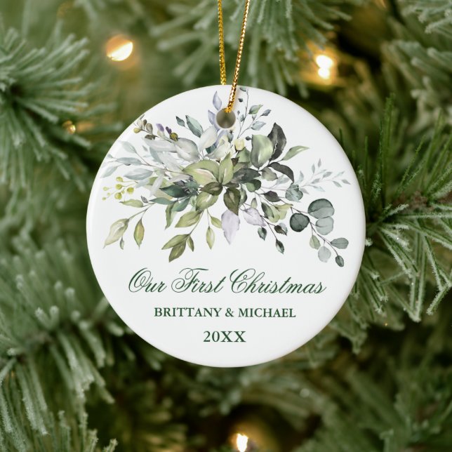 Our First Christmas Watercolor Greenery Ceramic Ornament (Tree)