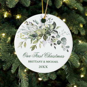 Our First Christmas Watercolor Greenery Ceramic Ornament