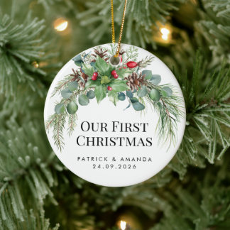 Our First Christmas Watercolor Greenery Ceramic Ornament