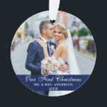 Our First Christmas Wedding Photo Blue Ornament<br><div class="desc">Our First Christmas Wedding Photo Blue Ornament with Snowflakes back.</div>