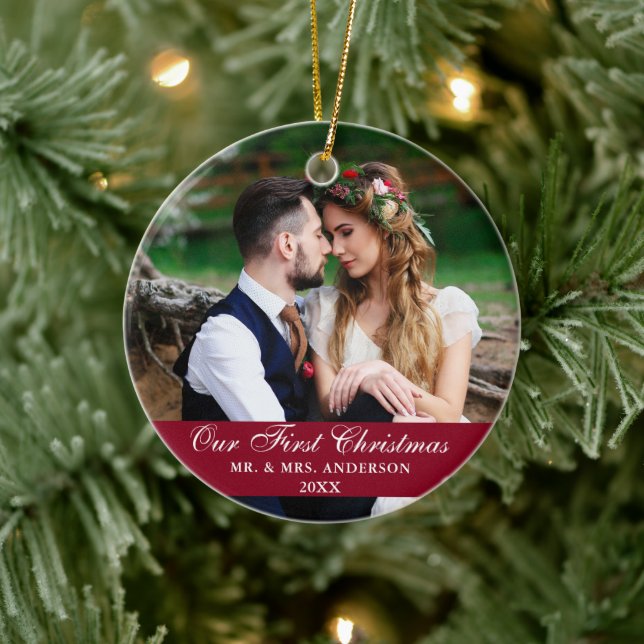 Our First Christmas Wedding Photo Burgundy Ceramic Ornament (Tree)