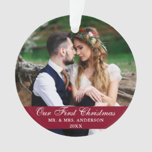 Our First Christmas Wedding Photo Burgundy Ornament