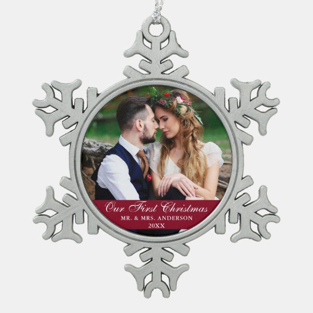 Our First Christmas Wedding Photo Burgundy Snowflake Pewter Christmas Ornament (Front)