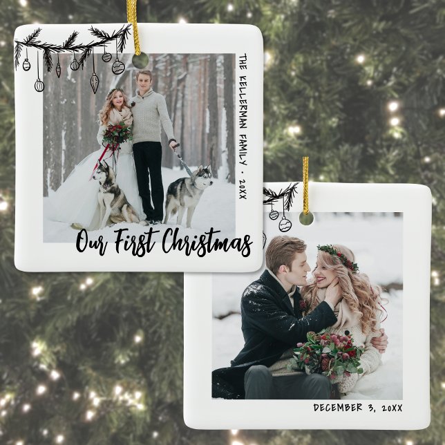 Our First Christmas Wedding Photo Ceramic Ornament (Our First Christmas Wedding Photo Ceramic Ornament)
