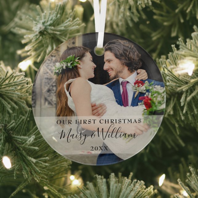 Our First Christmas Wedding Photo Glass Tree Decoration (Insitu)