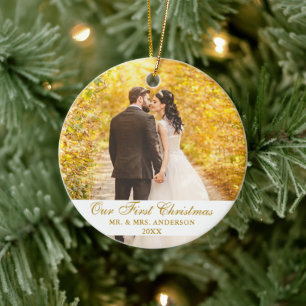 Our First Christmas Wedding Photo Gold Script Ceramic Ornament