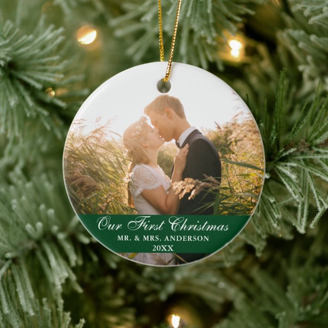 Our First Christmas Wedding Photo Green Ceramic Ornament (Tree)