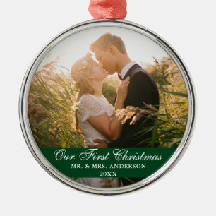Our First Christmas Wedding Photo Green Metal Ornament