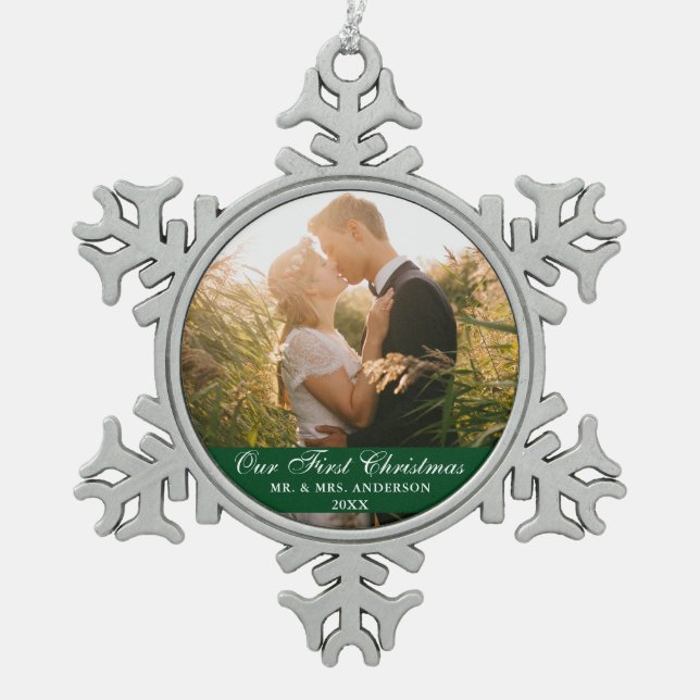 Our First Christmas Wedding Photo Green Snowflake Pewter Christmas Ornament (Front)