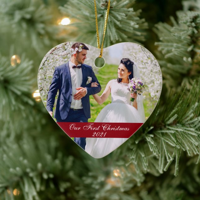 Our First Christmas Wedding Photo Heart Ceramic Ornament (Tree)