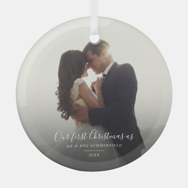 Our First Christmas Wedding Photo Keepsake Holiday Glass Tree Decoration (Front)