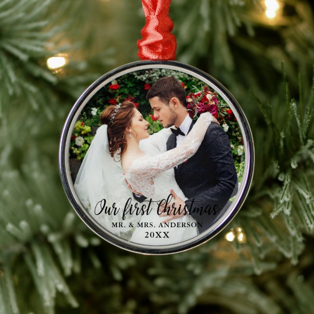 Our First Christmas Wedding Photo Metal Ornament (Tree)