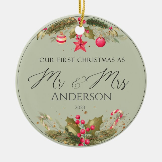 Our First Christmas Wedding Photo Mr Mrs Ceramic Ornament (Front)