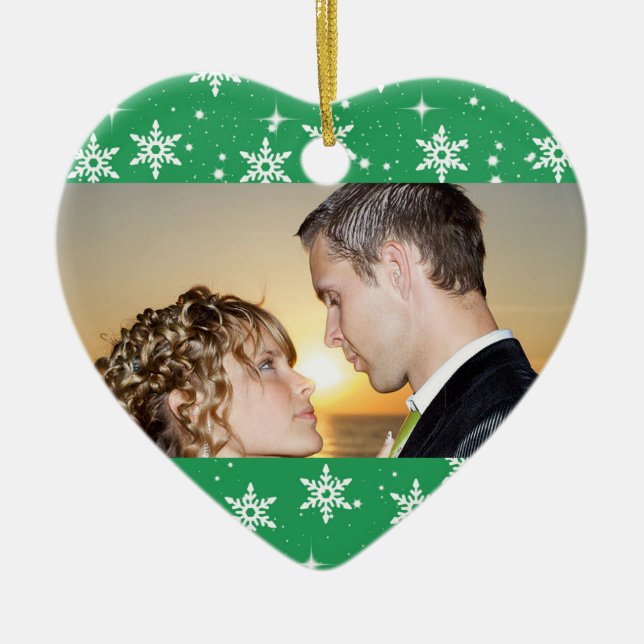 Our First Christmas Wedding Photo Ornament, Green Ceramic Ornament (Front)