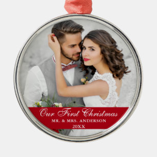 Our First Christmas Wedding Photo Red Metal Ornament