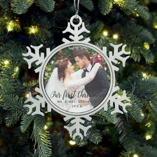 Our First Christmas Wedding Photo Snowflake Pewter Christmas Ornament