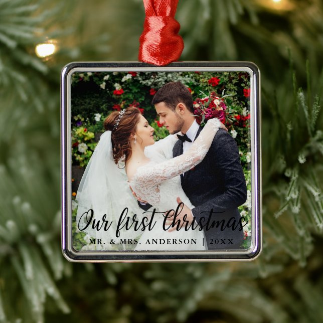 Our First Christmas Wedding Photo Square Metal Ornament (Tree)