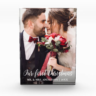 Our First Christmas Wedding Photo White Script Block