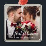 Our First Christmas Wedding Photo White Script Metal Ornament<br><div class="desc">Our First Christmas Wedding Photo Ornament - Square</div>
