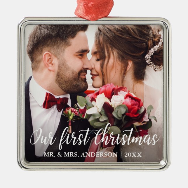 Our First Christmas Wedding Photo White Script Metal Ornament (Front)