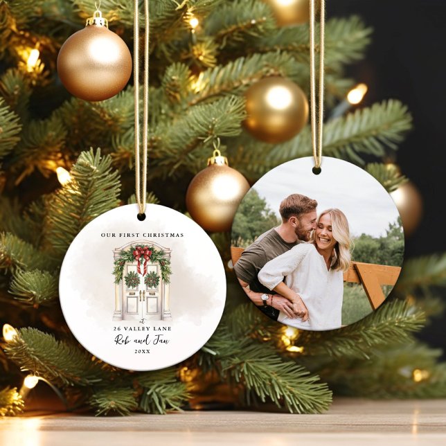 Our First Christmas White Door Couple Photo  Ceramic Ornament (Create your own personalized ornament for your First Christmas together as a couple!)