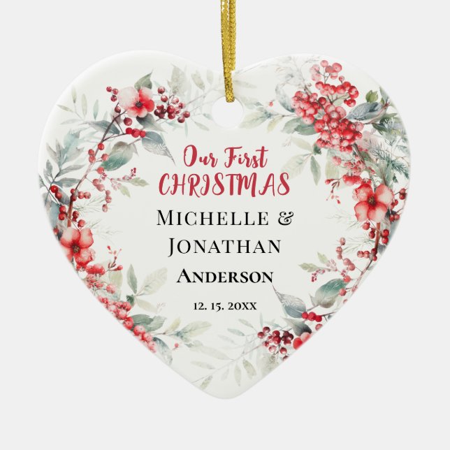 Our First CHRISTMAS Winter Floral Heart  Ceramic Ornament (Front)