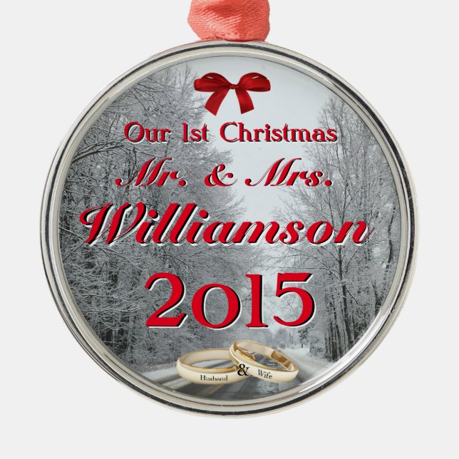 Our First Christmas Winter Road w/ rings Mr & Mrs Metal Ornament (Front)