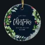 our first christmas winter wreath ceramic ornament<br><div class="desc">christmas wreath with a blue background and white script text. The text and colours and image at the back can be personalised.</div>