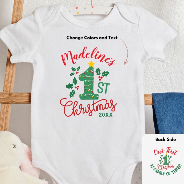 Our First Christmas with Name, As family of three Baby Bodysuit (Creator Uploaded)