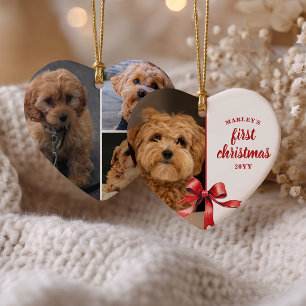 Our First Christmas with Our Puppy 4 Photo Red Bow Ceramic Ornament