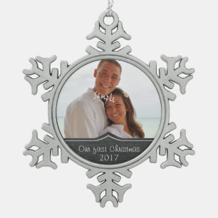 Our First Christmas with  Photo Snowflake Pewter Christmas Ornament