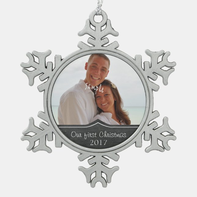 Our First Christmas with  Photo Snowflake Pewter Christmas Ornament (Front)