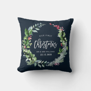 our first christmas wreath wedding announcement cushion